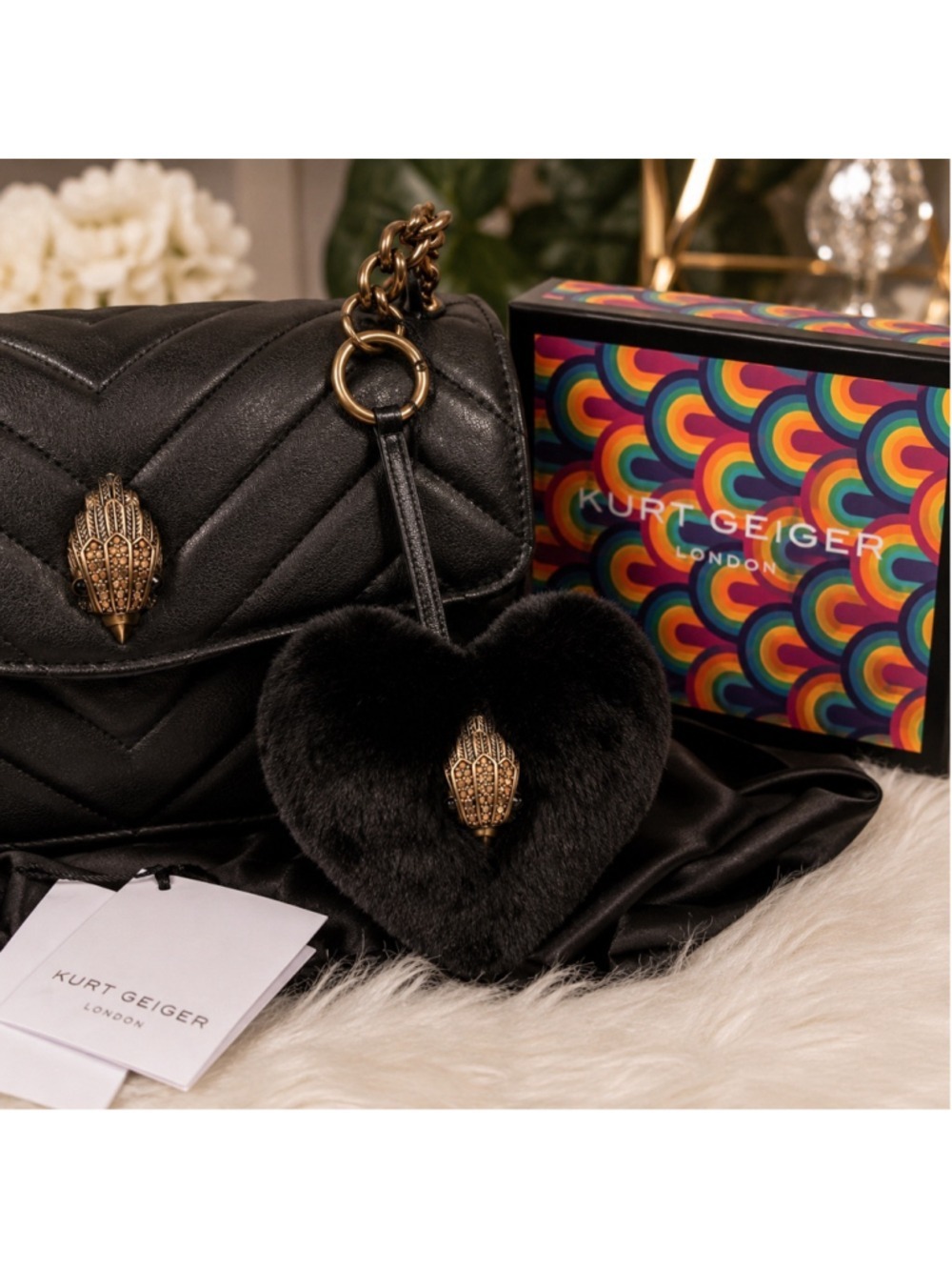 Kurt Geiger London Black Faux Fur Heart Bag Charm Keychain NWT